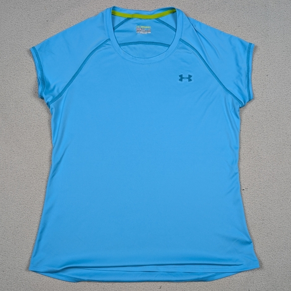 Under Armour Green Semi-Fitted Heat Gear Workout T-shirt Blue Women's Size Large - Picture 1 of 15